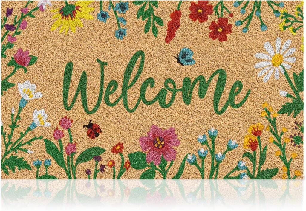floral coir mat with wording Welcome with bugs butterflies and flowers