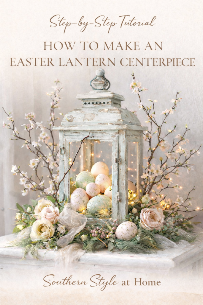 Post describing what items would be needed to buy and make an Easter Lantern for a table centerpiece.
