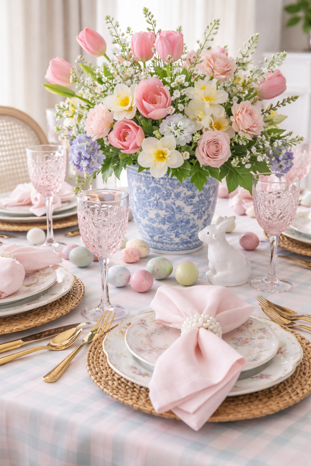 How to set a Beautiful Easter Table spring table with plates and napkins, with large centerpiece with an easter feeling.